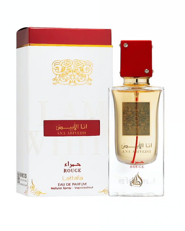 Perfume bottle and packaging with red and gold accents on a white Ana Abiyedh Rouge Lattafa Perfumes for women and men
background