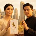 Malay couple sharing Shaheen Gold by Lattafa perfume on balcony KL skyline unisex fragrance Malaysia
