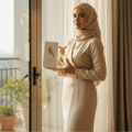 Malay woman with Shaheen Gold by Lattafa perfume at sunrise balcony luxury unisex fragrance Malaysia