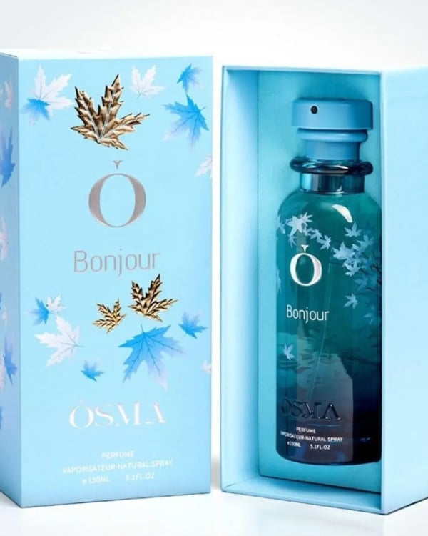 OSMA 'Bonjour' perfume bottle and packaging with floral designs on a light blue background