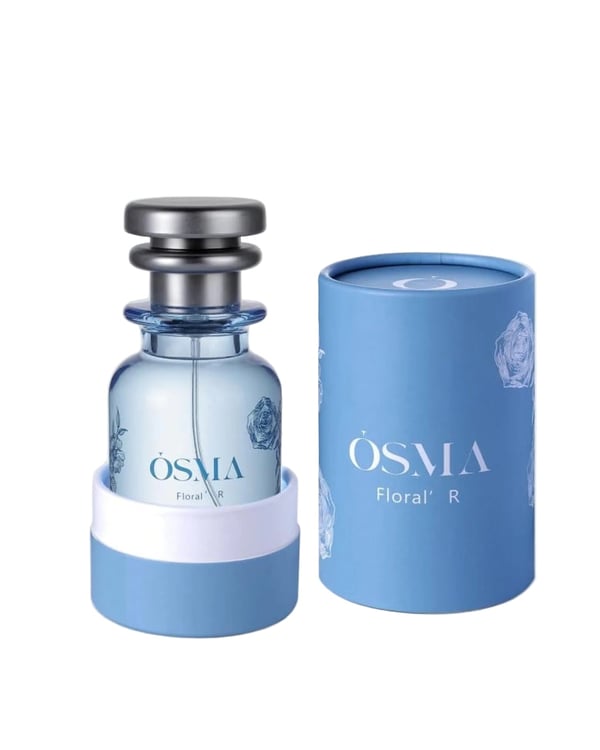 OSMA floral R perfume bottle and packaging on a light gray background