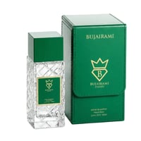 Bujairami Ibiza by Bujairami 100ml Extrait de Parfum — Clear faceted glass bottle with green cap and label next to a green