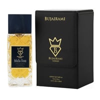 Bujairami Mafia Boss — Clear glass perfume bottle with gold liquid next to a black presentation box with gold logo and text