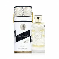 Perfume bottle and packaging with 'Musk Mood' branding on a white background