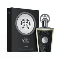 Perfume bottle and packaging of Ta'weel Latifa on a white background