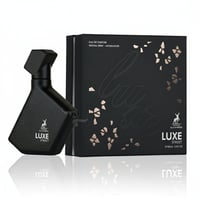 Black perfume bottle and packaging with 'Luxe Street' branding on a white background