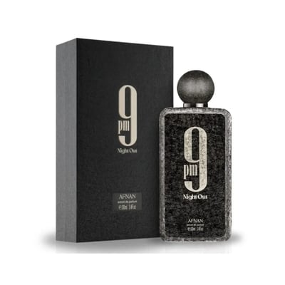 Afnan 9 PM Night Out Extrait de Parfum — A black textured perfume bottle with a dark textured cap stands next to its matching black textured box, both featuring a large white '9 PM Night Out' logo. | Afnan 9 PM Night Out Extrait de Parfum — Botol minyak wangi bertekstur hitam dengan penutup bertekstur gelap berdiri di