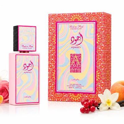 Lattafa Ajwad Pink 2 Pink Creamy Elixir EDP — Botol segi empat pink dengan corak berombak berwarna-warni, di atasnya penutup hitam lebih kecil dengan reka bentuk berombak serupa dan aksen emas.