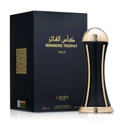 Lattafa Pride Al Khas Winners Trophy Gold 100ml — A black perfume box with gold Arabic and English text, and a gold-capped black perfume bottle shaped like an hourglass, displayed on a white background. | Lattafa Pride Al Khas Winners Trophy Gold 100ml — Kotak minyak wangi hitam dengan teks Arab dan Inggeris emas, dan