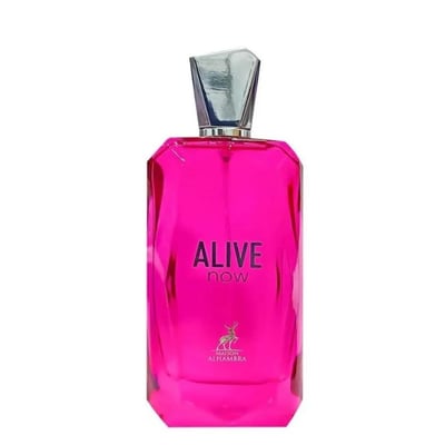 Maison Alhambra Alive Now — A bright pink faceted glass perfume bottle with a silver geometric cap stands next to its matching pink box, which features a dotted pattern and the brand logo. | Maison Alhambra Alive Now — Botol kaca berwarna merah jambu terang berbentuk faset dengan penutup geometri perak berdiri di