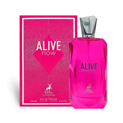 Maison Alhambra Alive Now — A bright pink faceted glass perfume bottle with a silver geometric cap stands next to its matching pink box, which features a dotted pattern and the brand logo. | Maison Alhambra Alive Now — Botol kaca berwarna merah jambu terang berbentuk faset dengan penutup geometri perak berdiri di