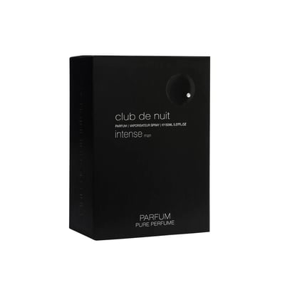 Armaf Club De Nuit Intense Man Parfum 150ml — Black perfume box and bottle with silver accents, featuring the brand name and product details | Armaf Club De Nuit Intense Man Parfum 150ml — Kotak dan botol minyak wangi hitam dengan perincian perak, memaparkan nama jenama dan butiran produk