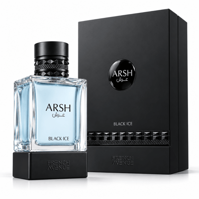 French Avenue Arsh Black Ice — A clear glass perfume bottle with light blue liquid and black cap sits on a black base, next to a black perfume box with a circular logo.