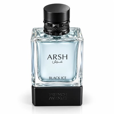 French Avenue Arsh Black Ice — Clear glass perfume bottle with light blue liquid, black studded cap, and black base with "FRENCH AVENUE" embossed.