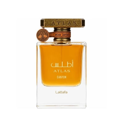 Lattafa Atlas Canyon Perfume Lattafa 55ml — Kotak bertekstur emas dan botol minyak wangi kaca jernih bertutup emas, menampilkan logo pokok dan tulisan Arab.