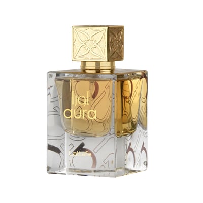 Lattafa Aura Lattafa 60ml EDP — A white and red box with gold line art is displayed next to a clear glass perfume bottle with a gold patterned cap, both featuring the Lattafa Aura branding. | Lattafa Aura Lattafa 60ml EDP — Kotak putih dan merah dengan seni garis emas dipamerkan di sebelah botol minyak wangi kaca
