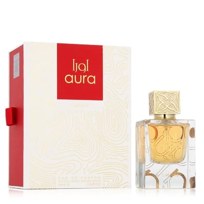 Lattafa Aura Lattafa 60ml EDP — A white and red box with gold line art is displayed next to a clear glass perfume bottle with a gold patterned cap, both featuring the Lattafa Aura branding. | Lattafa Aura Lattafa 60ml EDP — Kotak putih dan merah dengan seni garis emas dipamerkan di sebelah botol minyak wangi kaca