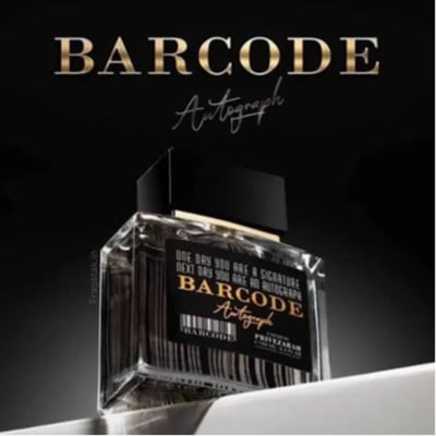 Paris Corner Autograph 100ml — A perfume bottle and its box are displayed side-by-side against a white background. Both feature a barcode design and the text "BARCODE Autograph" in gold lettering. | Paris Corner Autograph 100ml — Sebotol minyak wangi dan kotaknya dipamerkan bersebelahan di atas latar belakang putih.