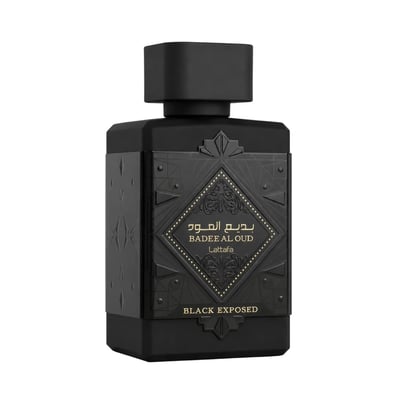 Lattafa Badee Al Oud Lattafa Black Exposed 100ml — Black perfume bottle and its gold-accented box, displayed side-by-side on a white background.