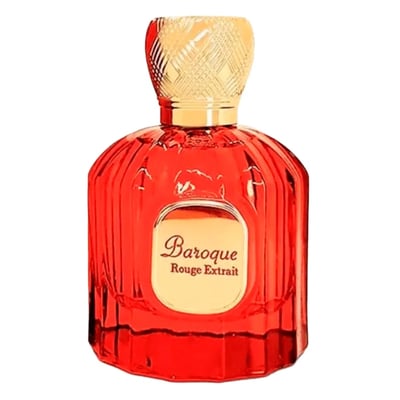 Maison Alhambra Baroque Rouge Extrait 100ml by Maison Alhambra — Red faceted glass perfume bottle with gold cap next to a red and gold ornate box with a bird and deer motif | Maison Alhambra Baroque Rouge Extrait 100ml by Maison Alhambra — Botol kaca merah berfaset dengan penutup emas di sebelah kotak merah dan emas