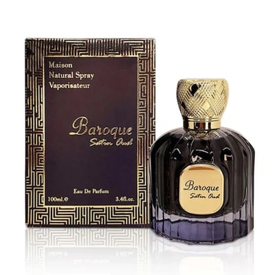 Maison Alhambra Baroque Satin Oud 100ml — A dark glass perfume bottle with a gold textured cap sits next to its matching dark box with gold geometric patterns. | Maison Alhambra Baroque Satin Oud 100ml — Botol minyak wangi kaca gelap dengan penutup bertekstur emas terletak di sebelah kotak gelapnya dengan corak