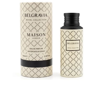 Maison Asrar Belgravia by Maison Asrar Eau de Parfum — A cream-colored perfume bottle with a black patterned design and a black textured cap, featuring a black label with white text 'BELGRAVIA ROYAL COLLECTION'.