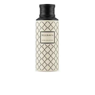 Maison Asrar Belgravia by Maison Asrar Eau de Parfum — A cream-colored perfume bottle with a black patterned design and a black textured cap, featuring a black label with white text 'BELGRAVIA ROYAL COLLECTION'.