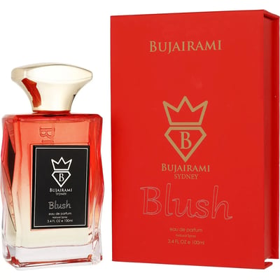 Bujairami Blush Eau de Parfum — Red box and glass bottle with gold cap and red liquid, black label with gold crown and B logo
