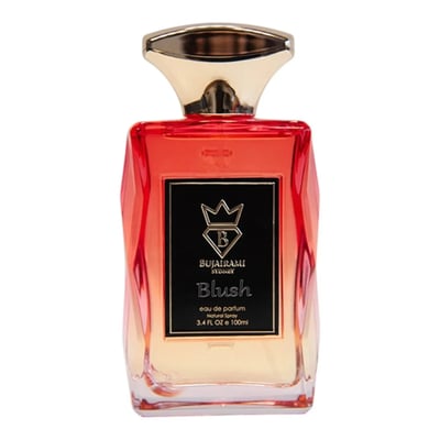 Bujairami Blush Eau de Parfum — Red box and glass bottle with gold cap and red liquid, black label with gold crown and B logo