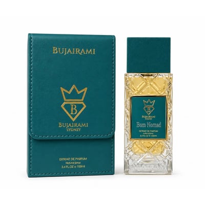 Bujairami Born Nomad — Teal leather case and gold-accented glass perfume bottle with teal cap, both featuring the Bujairami