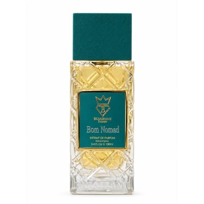 Bujairami Born Nomad — Teal leather case and gold-accented glass perfume bottle with teal cap, both featuring the Bujairami