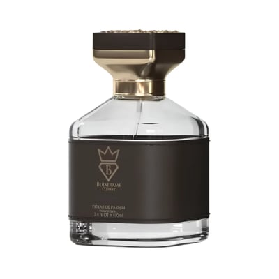 Bujairami Boss Life 100ml Extrait de Parfum — Clear glass bottle with dark label, gold cap, and crown logo