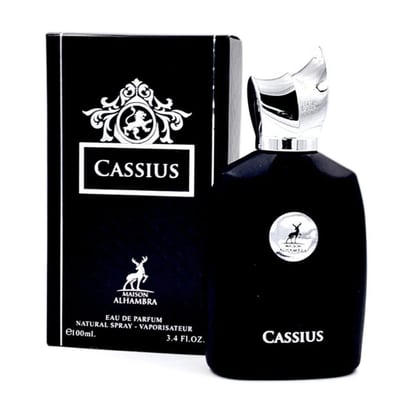 Maison Alhambra Cassius 100ml — Black perfume bottle and box with silver accents and a deer logo, featuring the name 'Cassius' in white. | Maison Alhambra Cassius 100ml — Botol dan kotak minyak wangi hitam dengan aksen perak dan logo rusa, menampilkan nama 'Cassius' dalam warna putih.