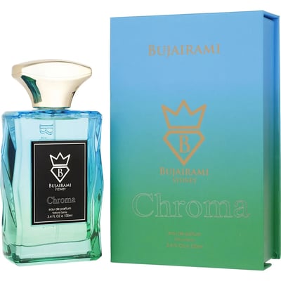 Bujairami Chroma — Blue-green gradient glass perfume bottle with gold cap next to matching gradient box.