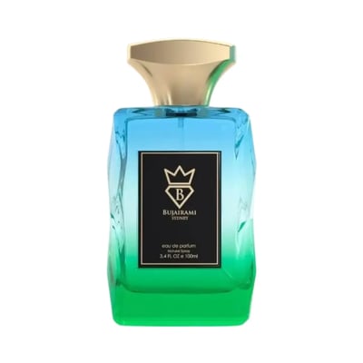 Bujairami Chroma — Blue-green gradient glass perfume bottle with gold cap next to matching gradient box.