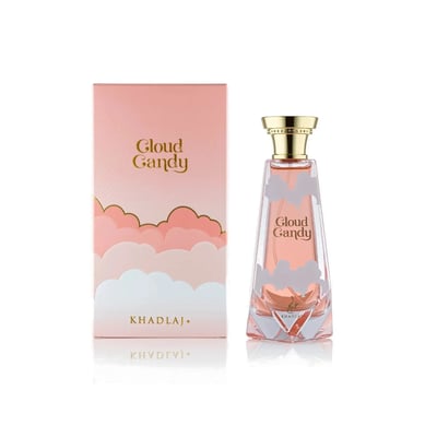 Khadlaj Cloud Candy Eau De Parfum 100ml — A pink perfume box with cloud graphics sits next to a clear glass perfume bottle with cloud-like white accents and a gold cap, both featuring the 'Cloud Candy' logo. | Khadlaj Cloud Candy Eau De Parfum 100ml — Kotak minyak wangi merah jambu dengan grafik awan duduk di sebelah