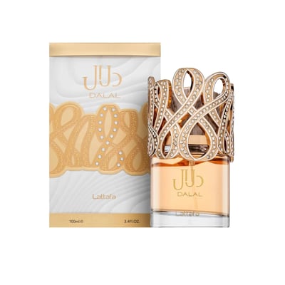 Lattafa Dalal Lattafa 100ml Women — Perfume bottle with ornate gold filigree cap, adorned with rhinestones, next to its white and gold box with matching filigree design.