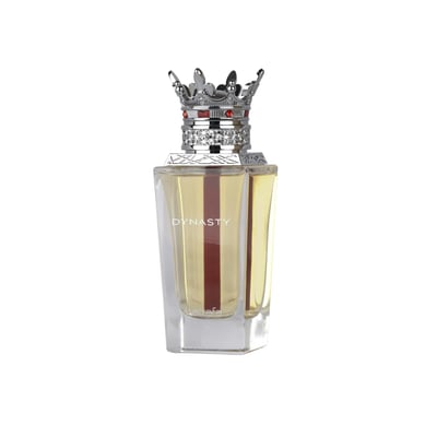 Lattafa Dynasty Lattafa 100ml EDP Unisex — A maroon textured box with a white ornate crest sits next to a clear glass perfume bottle topped with a silver crown-shaped cap with red accents.