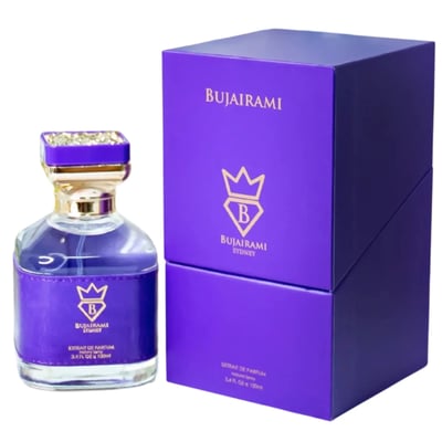 Bujairami Executor by Bujairami 100ml Extrait de Parfum — Purple bottle with gold accents and jeweled cap next to a matching