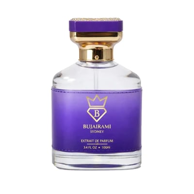 Bujairami Executor by Bujairami 100ml Extrait de Parfum — Purple bottle with gold accents and jeweled cap next to a matching