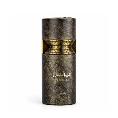 Lattafa Fearless by Lattafa 100ml EDP Men — Cylindrical dark textured bottle with gold accents and Arabic script, featuring the word FEARLESS and Lattafa branding.