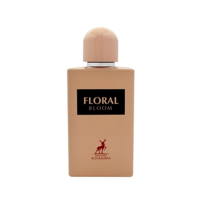 Maison Alhambra Floral Bloom — A beige perfume bottle with a peach cap stands next to its matching beige box, both featuring floral and deer motifs. | Maison Alhambra Floral Bloom — Botol minyak wangi berwarna krim dengan penutup pic berdiri di sebelah kotak sepadan berwarna krim, kedua-duanya menampilkan motif bunga