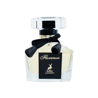 Maison Alhambra Florenza 100ml Maison Alhambra Florence — A perfume bottle and its box are displayed against a white background. The box has a floral design and the bottle is octagonal with a black ribbon. | Maison Alhambra Florenza 100ml Maison Alhambra Florence — Botol minyak wangi dan kotaknya dipamerkan berlatar