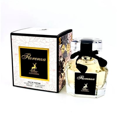 Maison Alhambra Florenza 100ml Maison Alhambra Florence — A perfume bottle and its box are displayed against a white background. The box has a floral design and the bottle is octagonal with a black ribbon. | Maison Alhambra Florenza 100ml Maison Alhambra Florence — Botol minyak wangi dan kotaknya dipamerkan berlatar