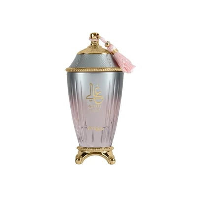Zimaya Ghali Elegant Eau De Parfum 100ml by Zimaya — A pink patterned box with building facade design stands next to a fluted glass perfume bottle with a gold base and a pink tassel on the cap. | Zimaya Ghali Elegant Eau De Parfum 100ml oleh Zimaya — Peti merah jambu bercorak dengan reka bentuk fasad bangunan berdiri