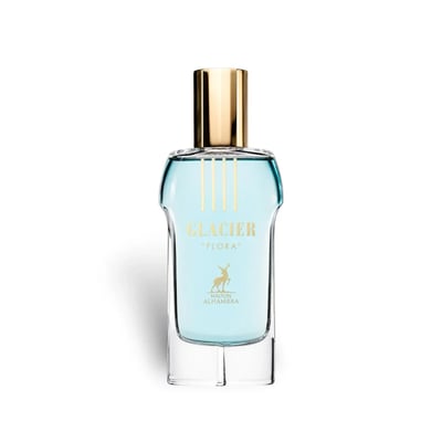 Maison Alhambra Glacier Flora 100ml Maison Alhambra — A blue perfume bottle with a gold cap and vertical gold lines on the glass, stands next to its matching cylindrical blue and gold patterned box on a white background. | Maison Alhambra Glacier Flora 100ml Maison Alhambra — Botol minyak wangi biru dengan penutup