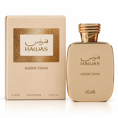 RASASI Hawas Addiction by Rasasi 100ml EDP — Gold bottle and matching box with textured gold panel and Arabic calligraphy.