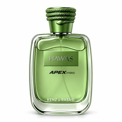 Kenz de Rasasi Hawas Apex Hybrid by Kenz de Rasasi — Green glass perfume bottle with a textured green cap resembling a snake, featuring a silver label with 'HAWAS' and 'APEX HYBRID' text.