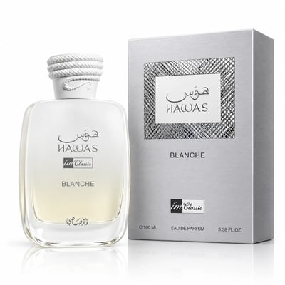 RASASI Hawas Blanche by Rasasi 100ml EDP — White rope-tied cap perfume bottle next to its silver textured box, both featuring the Hawas Blanche logo and text.