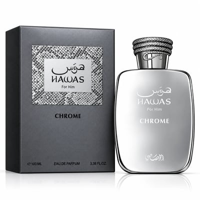 RASASI Hawas Chrome For Him by Rasasi 100ml EDP — Silver bottle and grey textured box with snake skin pattern detail, both displaying the product name and 'For Him' text.